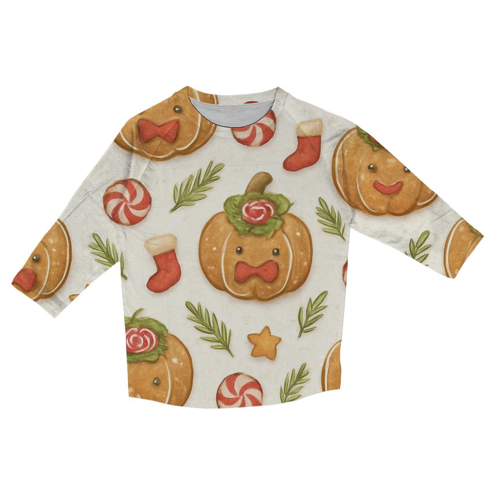 Ivory Gingerbread Pumpkin Grid On White Background personalized 3/4 sleeve tees