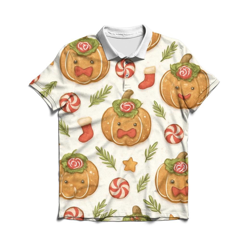 Ivory Gingerbread Pumpkin Grid On White Background stylish collar polo tees