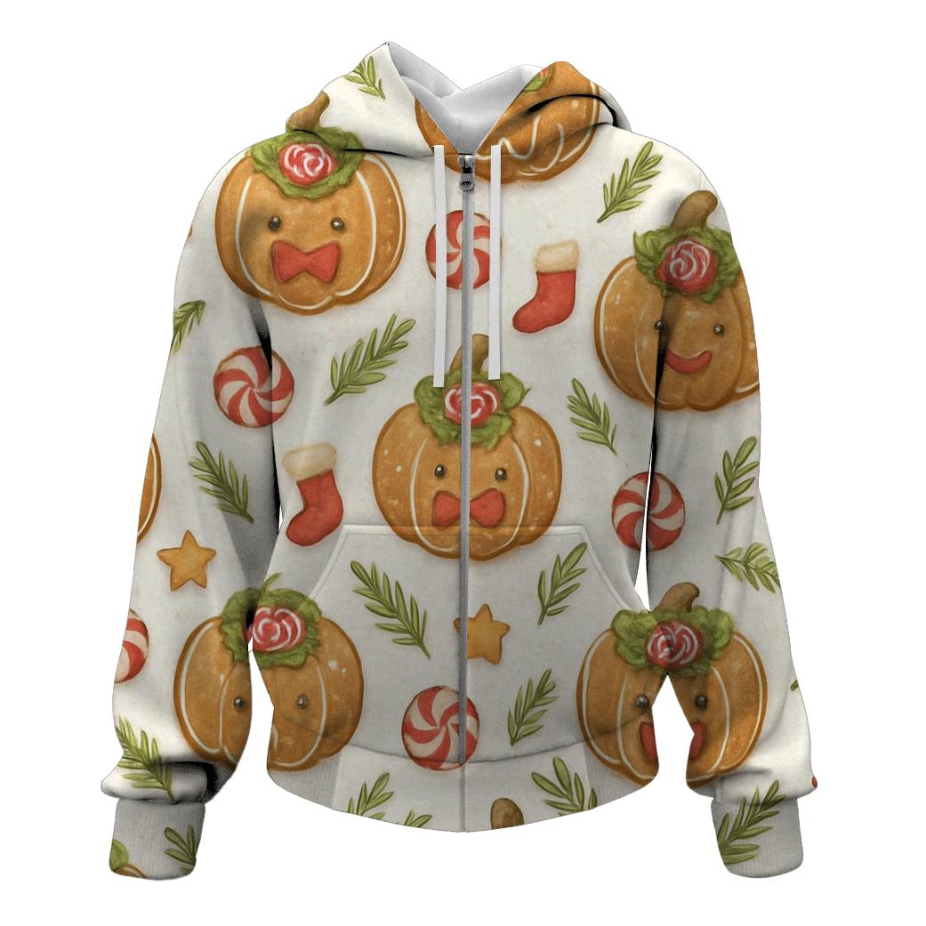 Ivory Gingerbread Pumpkin Grid On White Background embroidered hoodies