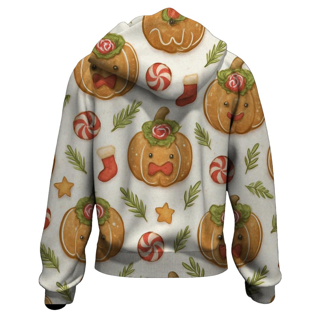 Ivory Gingerbread Pumpkin Grid On White Background embroidered hoodies