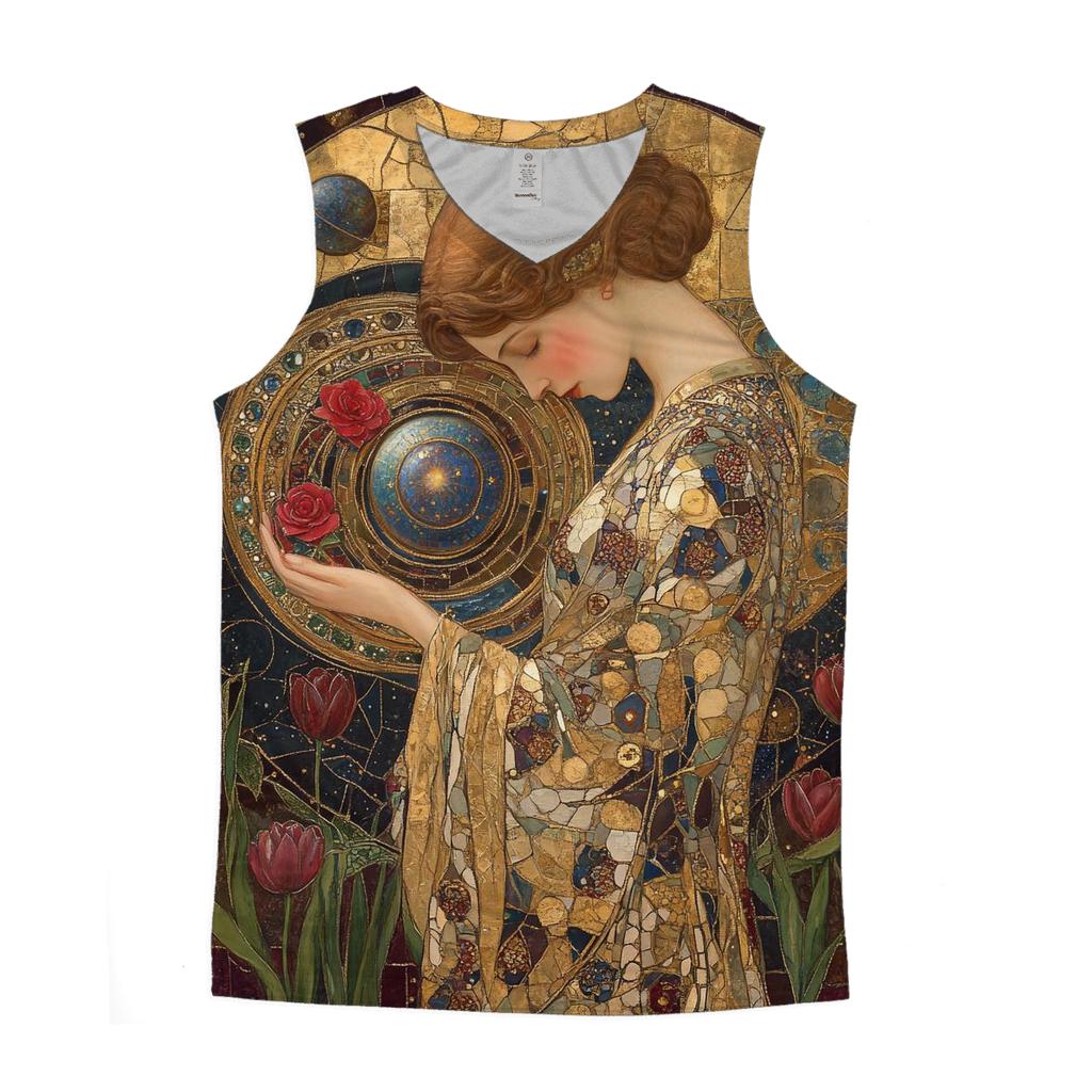 Gustav Klimt Inspired Mythic Garden Of Planets graphic print tank tops