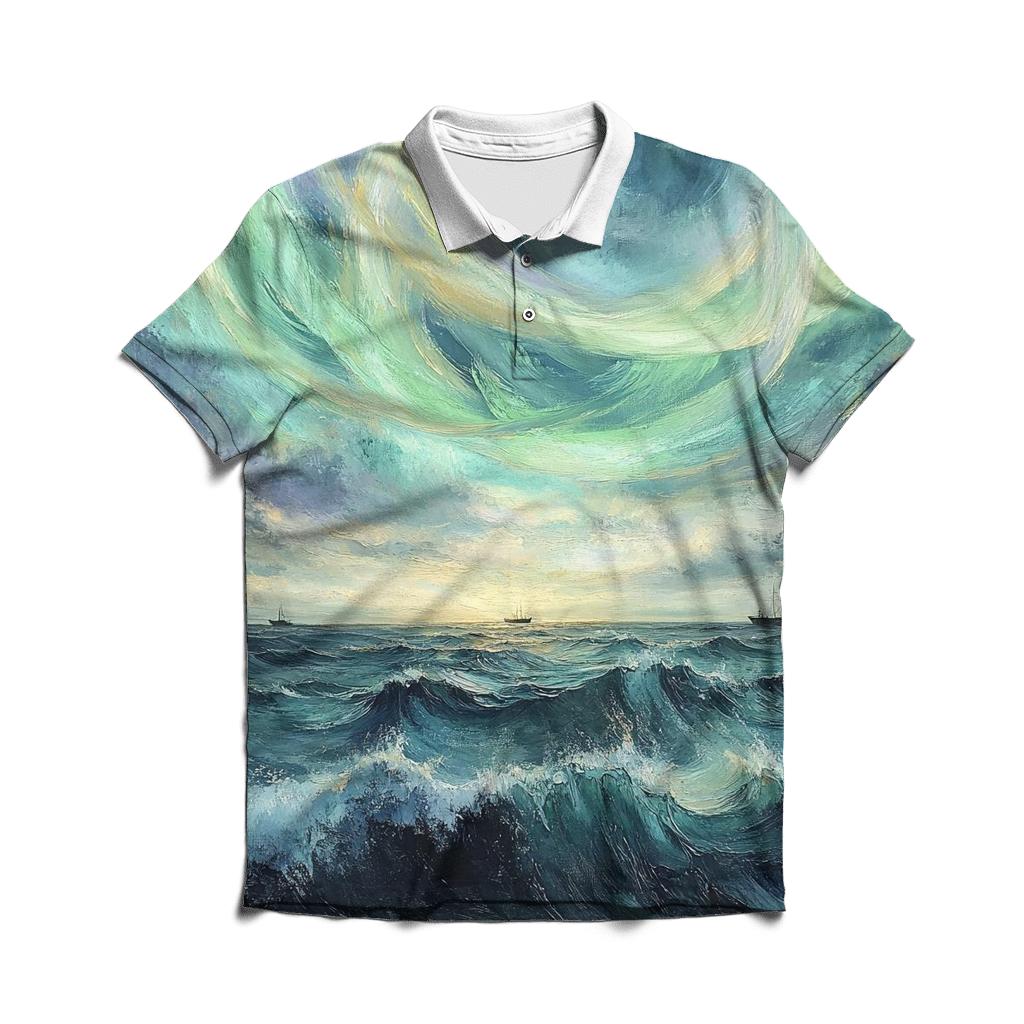 J M W Turner Inspired Aurora Over Stormy Ocean designer slim fit polos