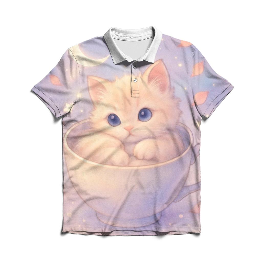 Moonlit Teacup Kitten Reverie stylish collar polo tees