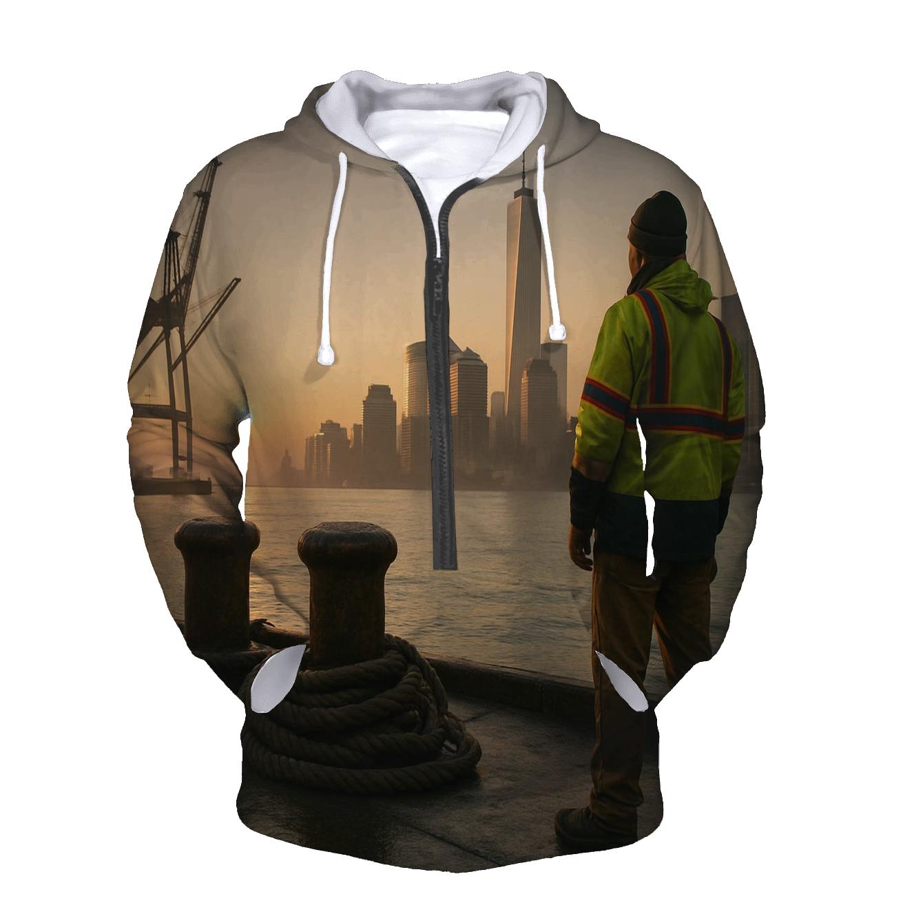 Working Waterfront Sunrise With Lower Manhattan embroidered hoodies