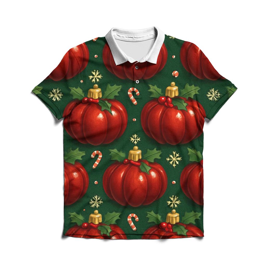 Crimson Ornament Pumpkins Tessellation On Pine Green Background stylish collar polo tees