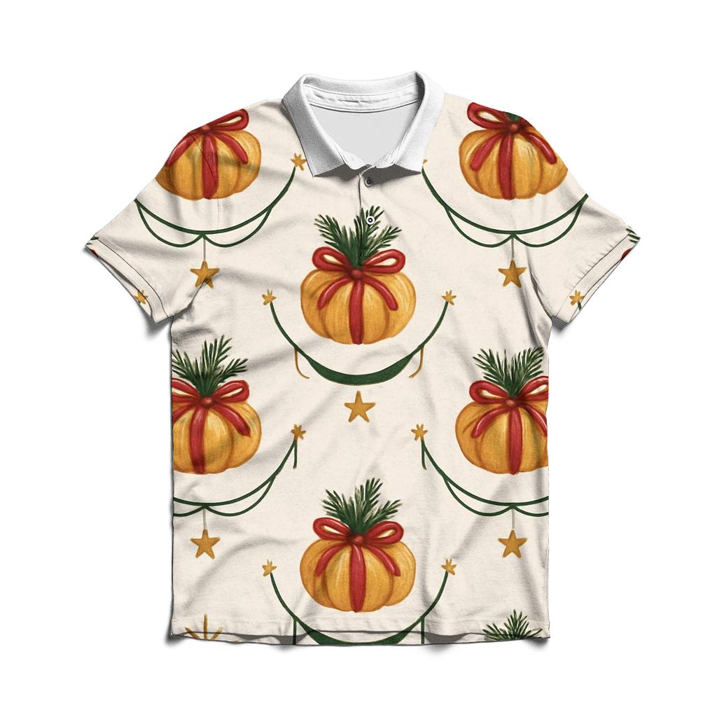 Ivory Snowfall Pumpkin Garland Grid On White Background custom polo shirts