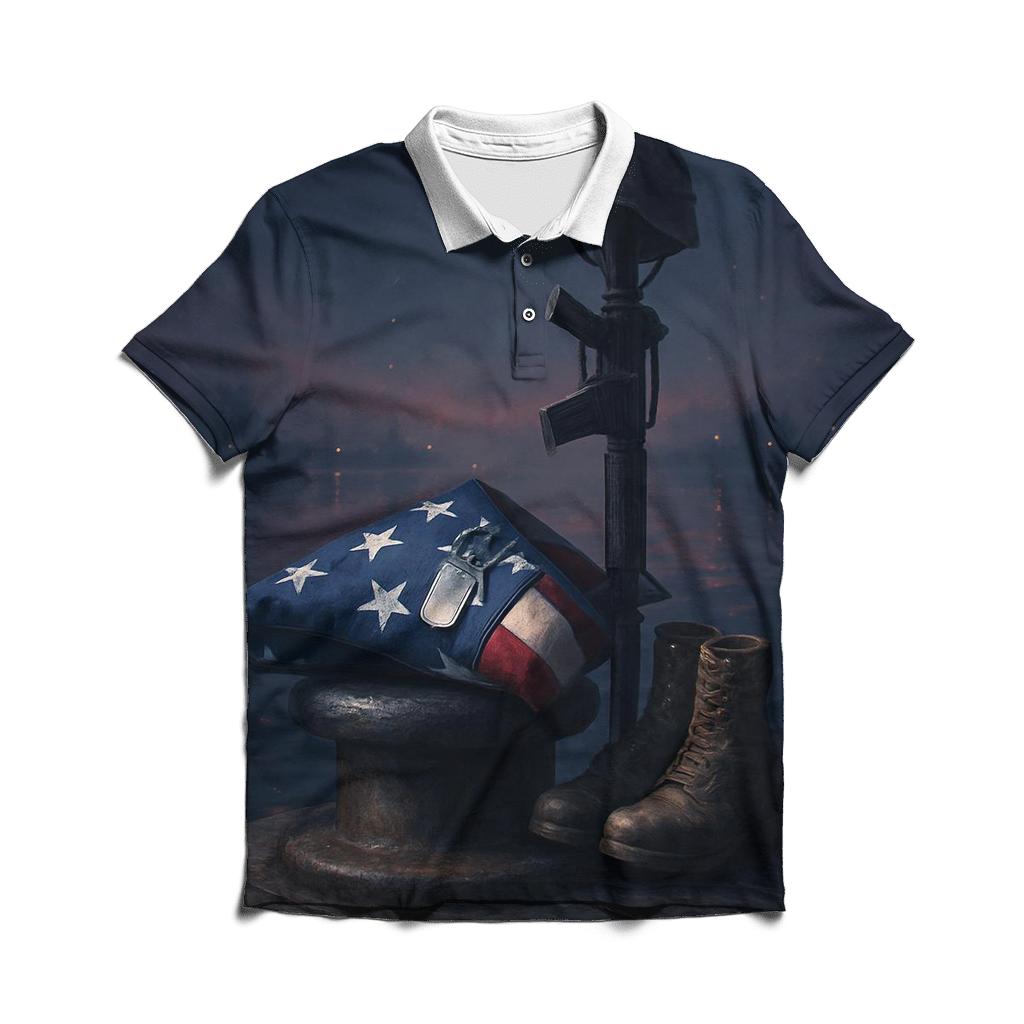 Memorial Harbor Folded Flag Vigil premium cotton polo shirts