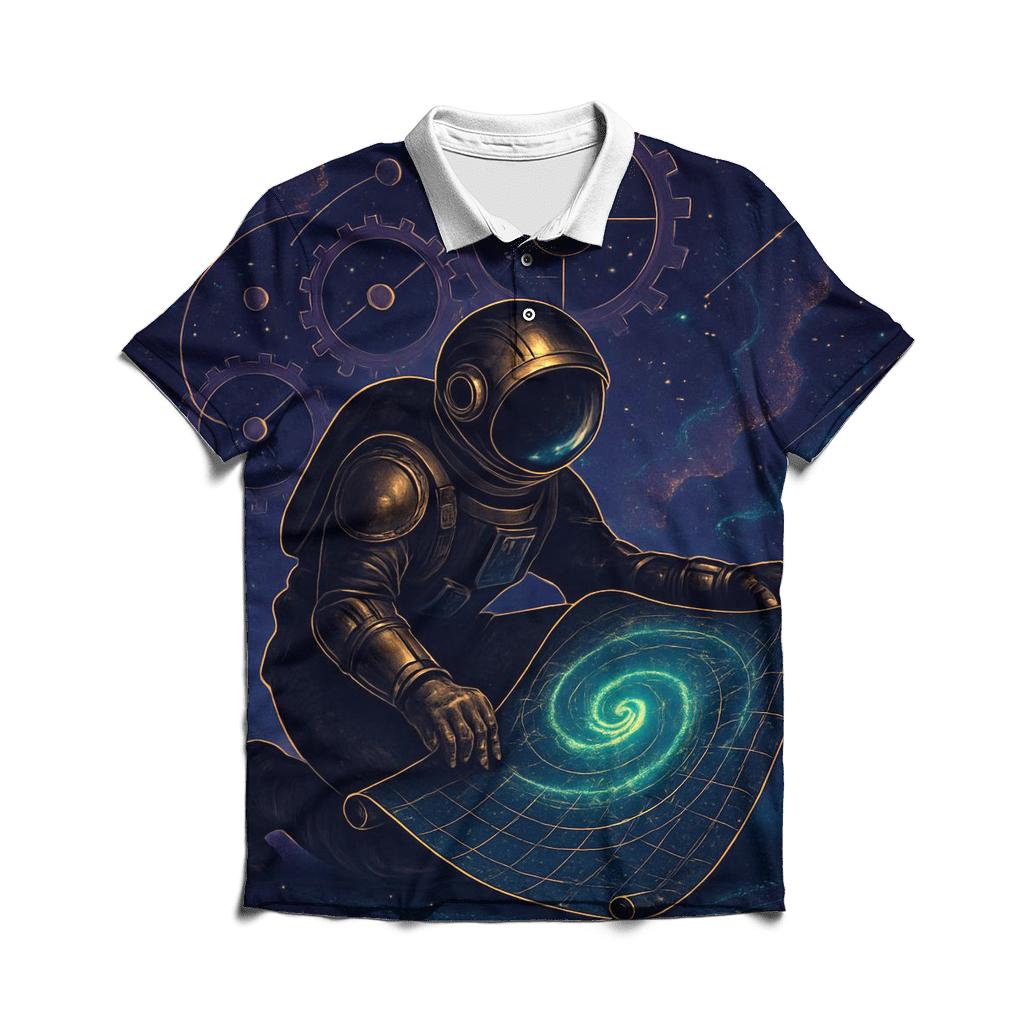 The Clockwork Nebula Cartographer branded logo polo shirts