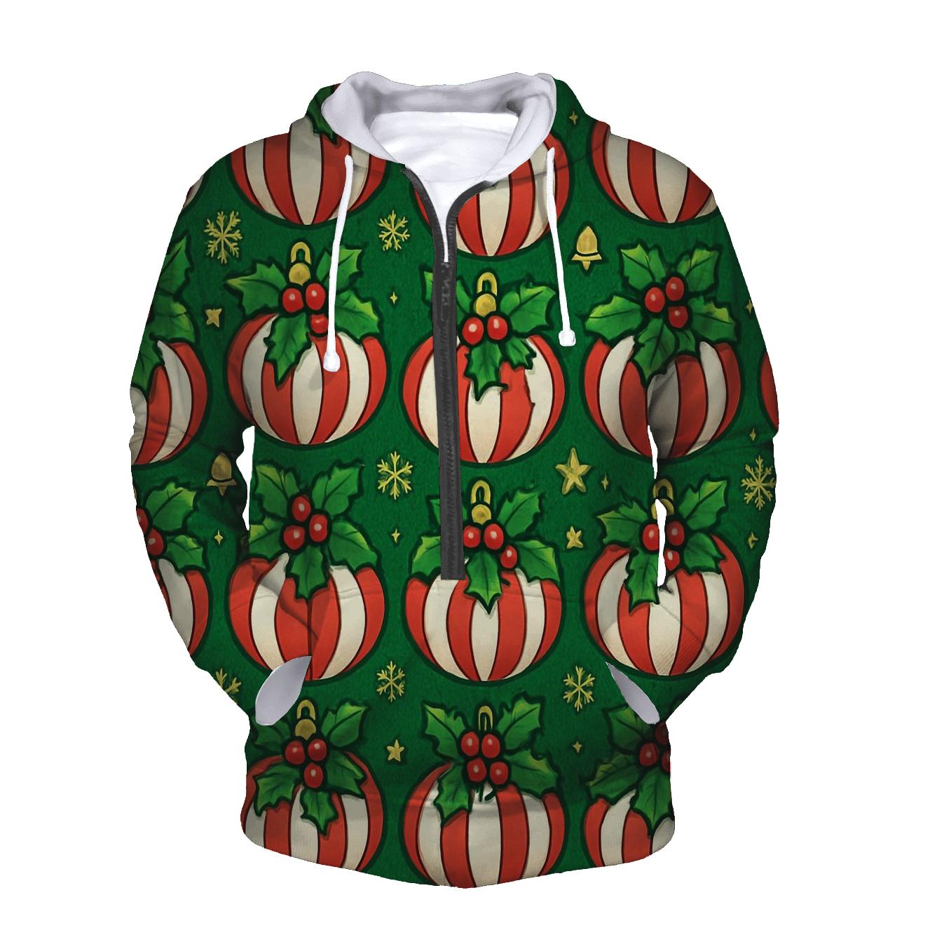 Candy Cane Pumpkin Ornament Tessellation On Pine Green Background zip-up hoodies