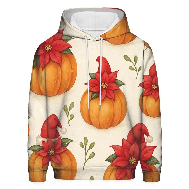 Snowy Poinsettia Pumpkin Grid On Warm Ivory Background embroidered hoodies