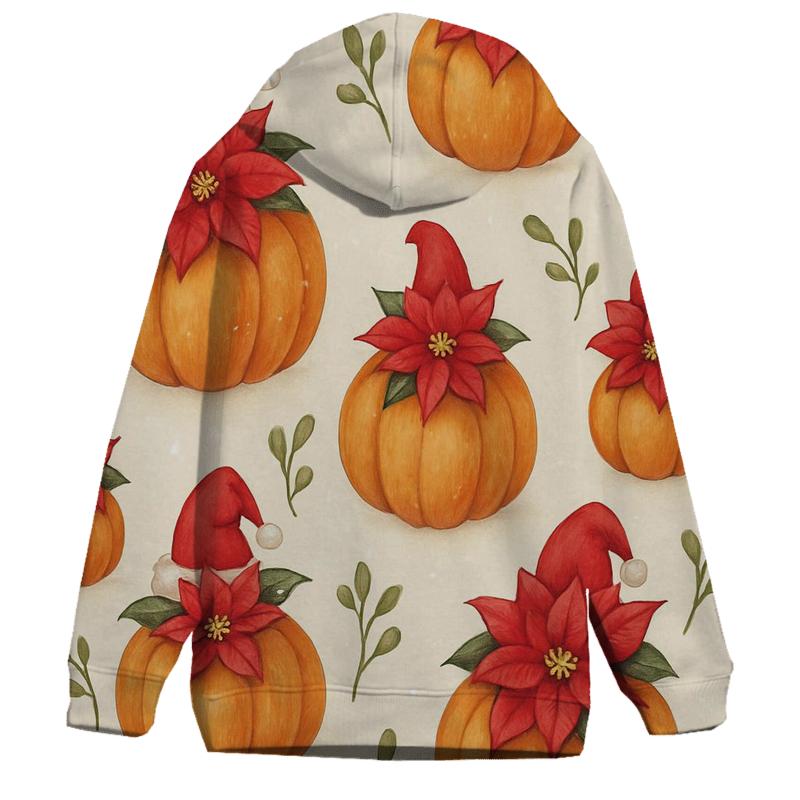 Snowy Poinsettia Pumpkin Grid On Warm Ivory Background embroidered hoodies