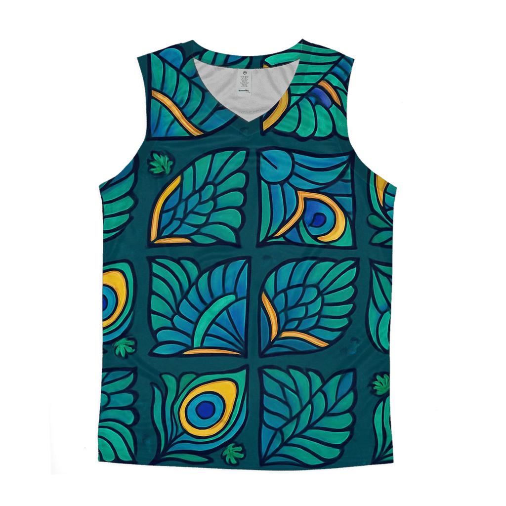 Iridescent Peacock Eye Pinwheel Tiles graphic print tank tops