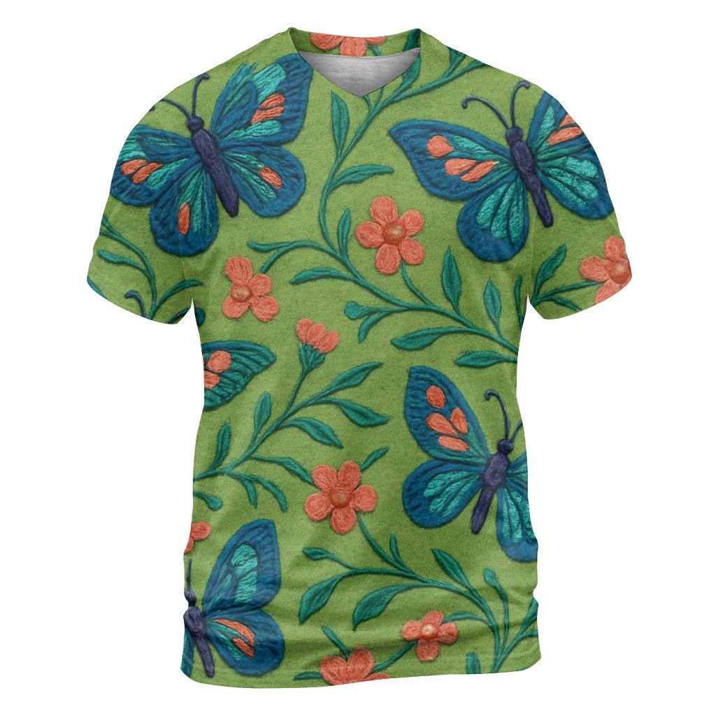 Embroidered Meadow Ribbon Butterflies On Meadow Green trendy printed shirt styles