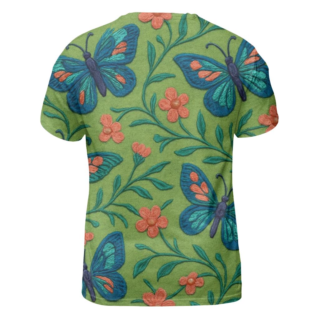 Embroidered Meadow Ribbon Butterflies On Meadow Green trendy printed shirt styles