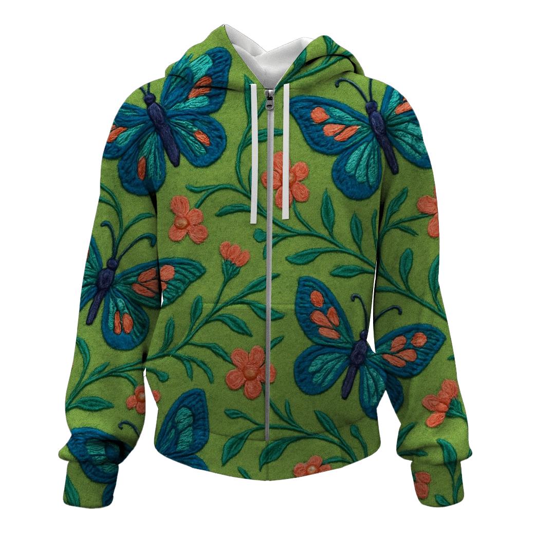 Embroidered Meadow Ribbon Butterflies On Meadow Green pullover hoodies