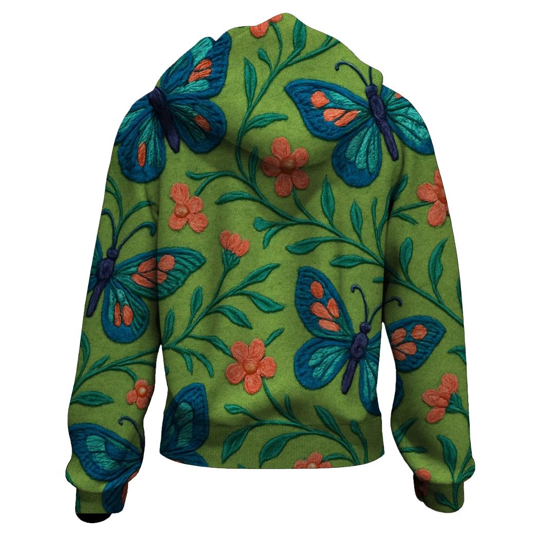 Embroidered Meadow Ribbon Butterflies On Meadow Green pullover hoodies
