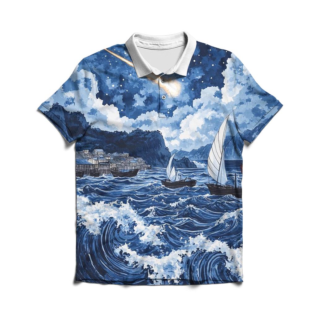 Hokusai Inspired Comet Harbor Storm embroidered polo tops