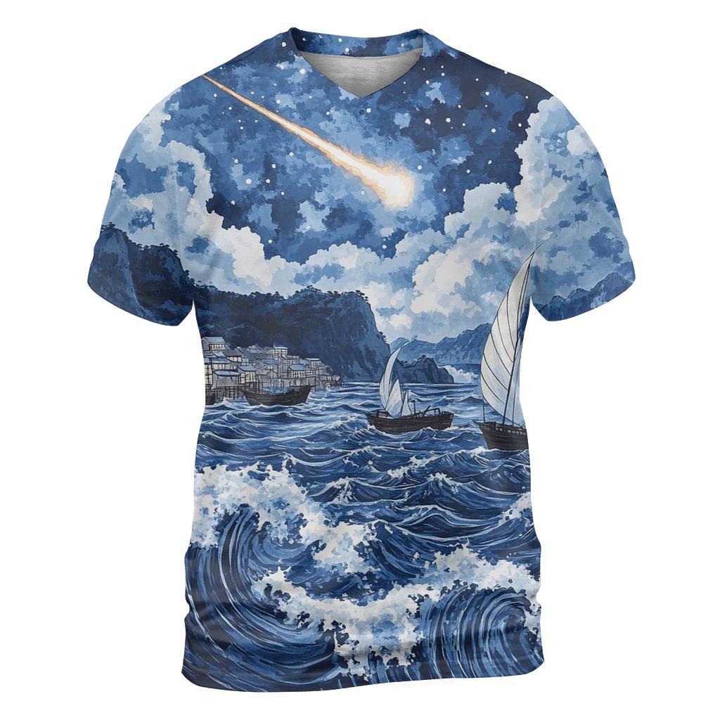 Hokusai Inspired Comet Harbor Storm trendy printed shirt styles