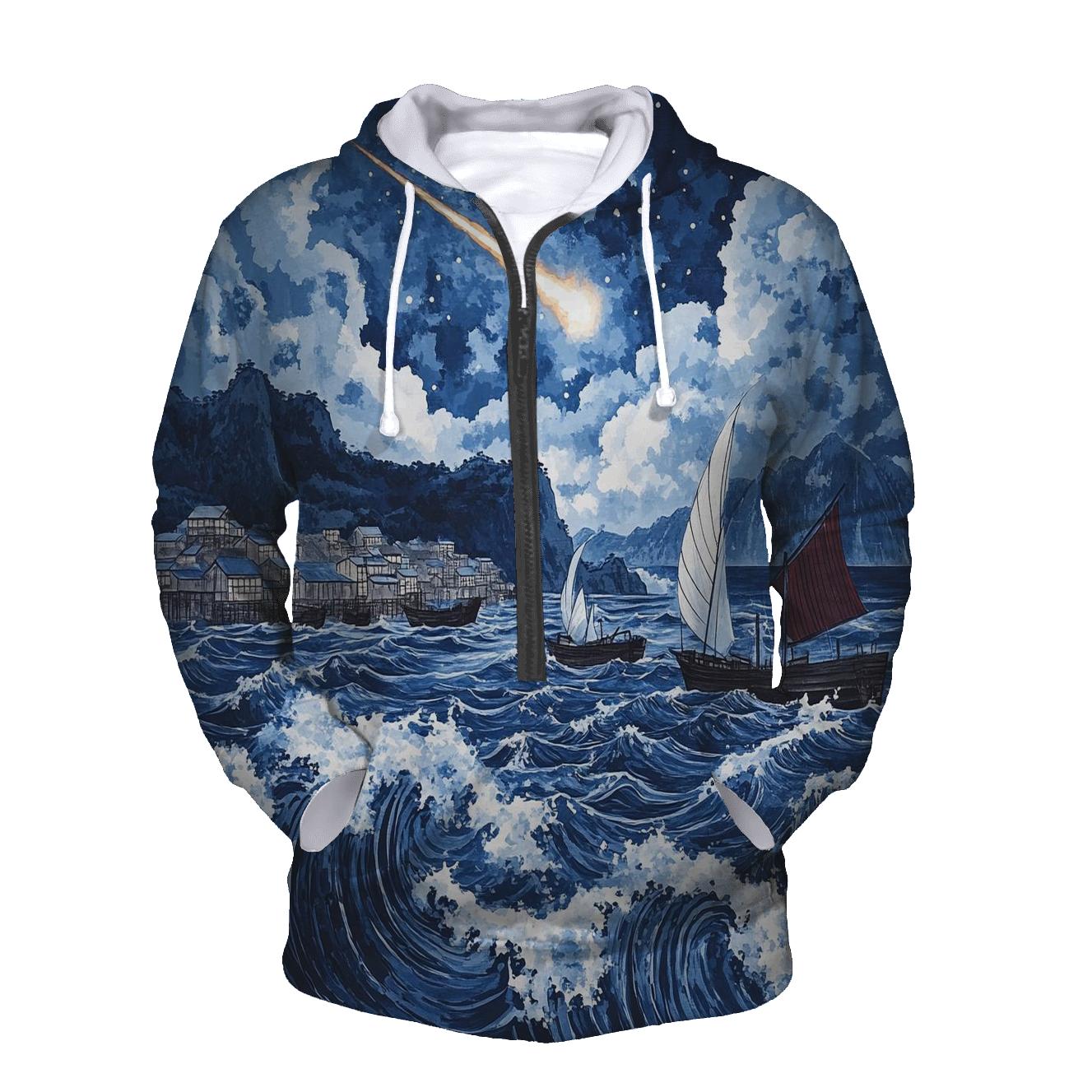 Hokusai Inspired Comet Harbor Storm custom hoodies