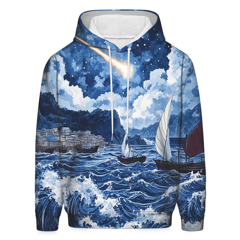 Hokusai Inspired Comet Harbor Storm designer hoodies