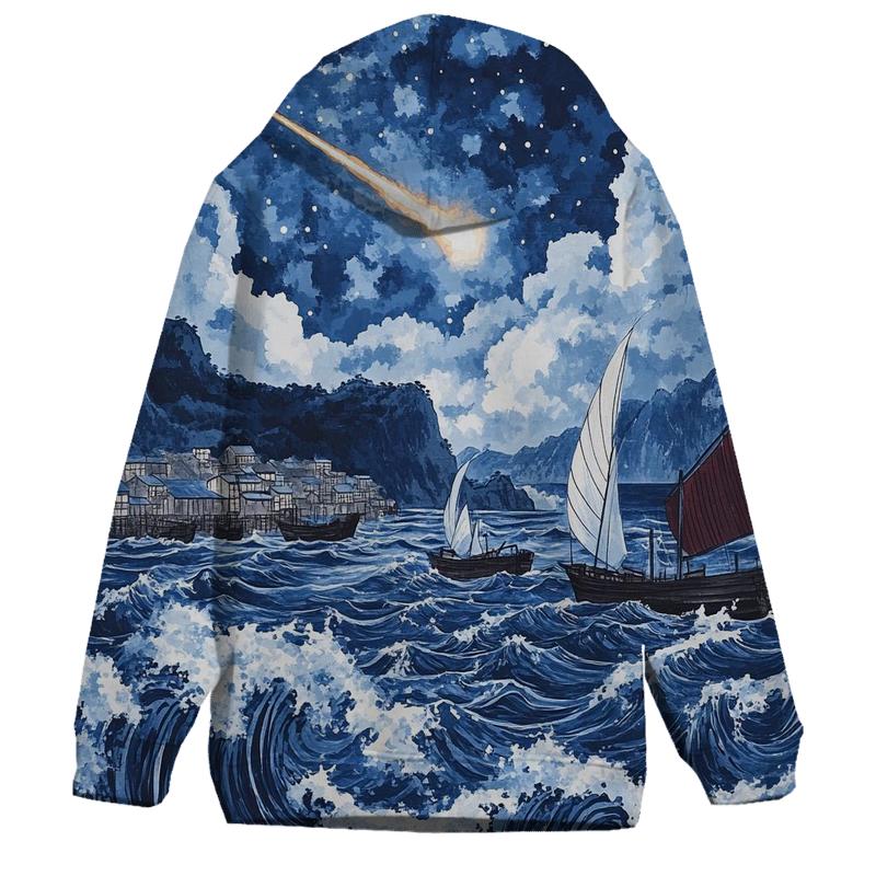 Hokusai Inspired Comet Harbor Storm designer hoodies