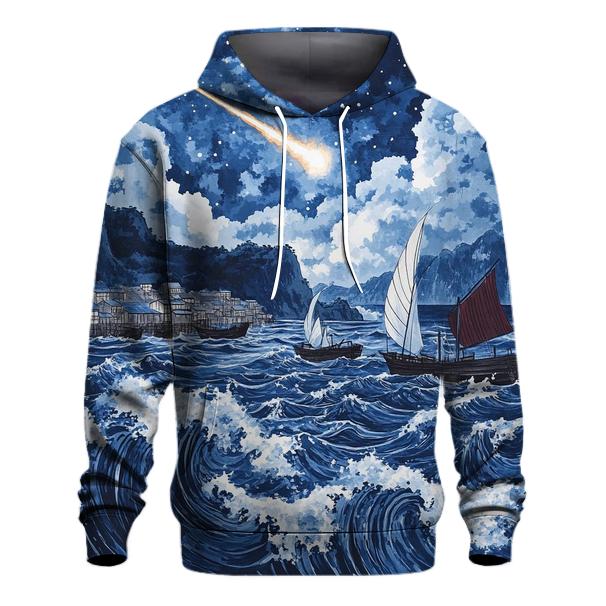 Hokusai Inspired Comet Harbor Storm graphic hoodies