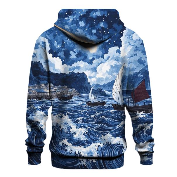 Hokusai Inspired Comet Harbor Storm graphic hoodies