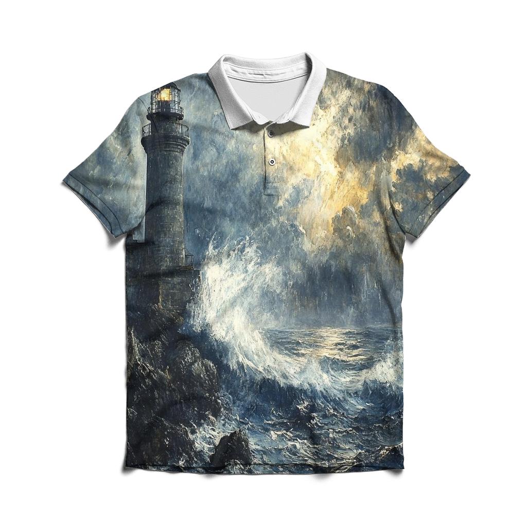J M W Turner Inspired Storm Over Lighthouse Coast embroidered polo tops