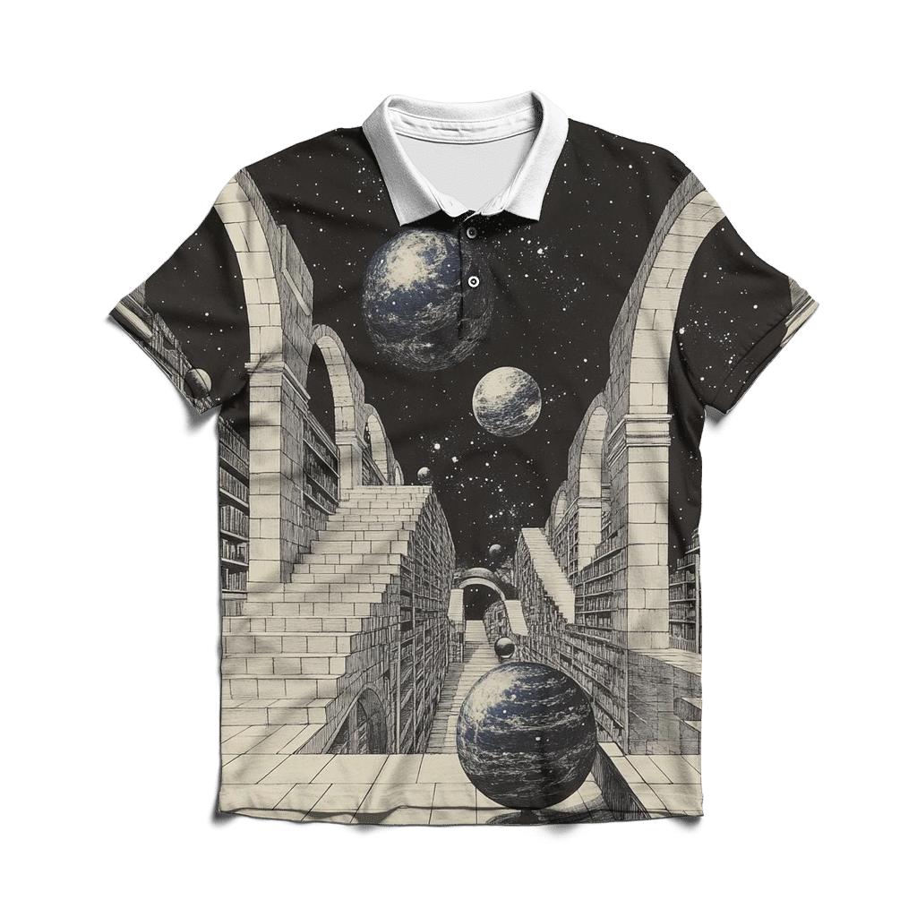 M C Escher Inspired Floating Library Of Planets embroidered polo tops