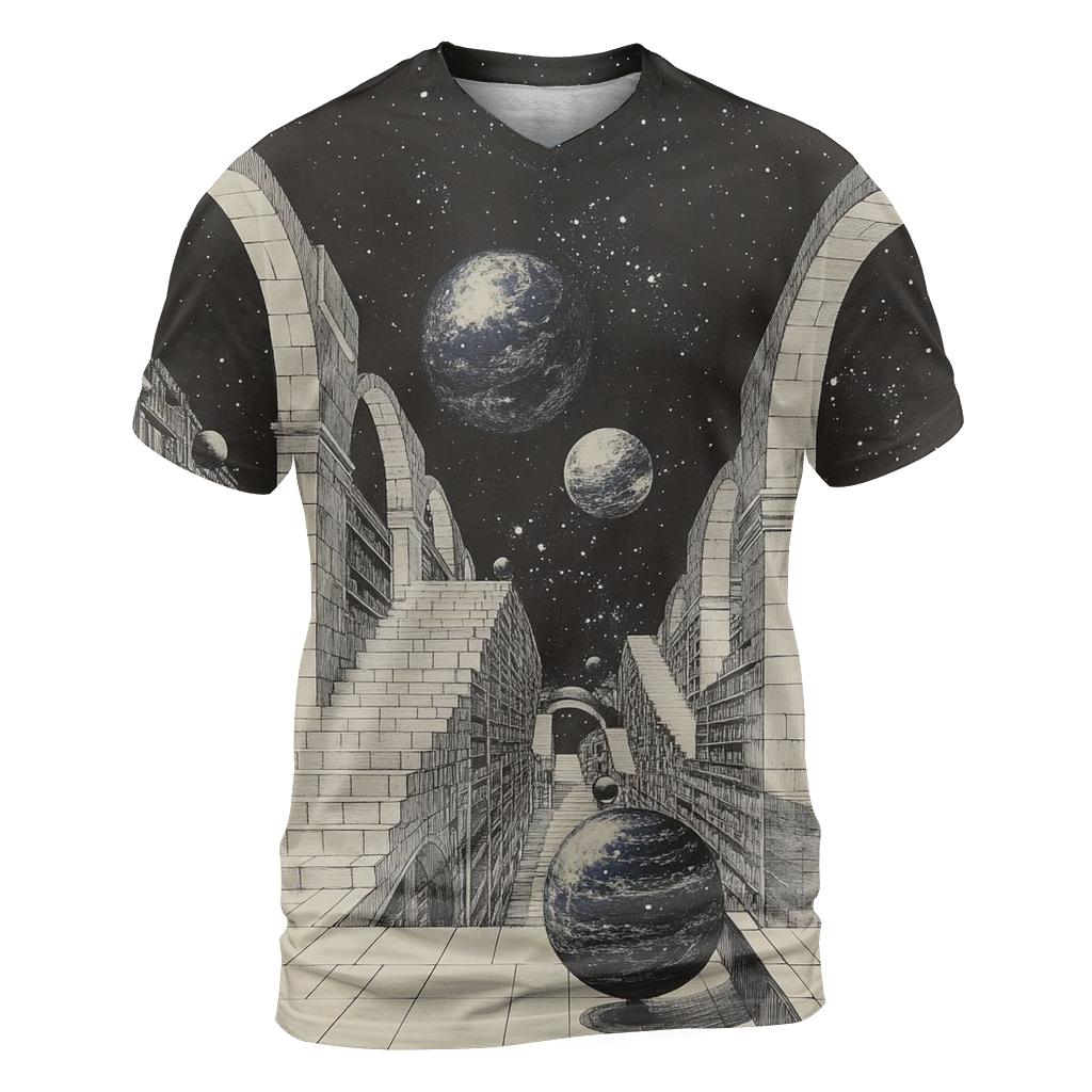 M C Escher Inspired Floating Library Of Planets custom all-over print shirts
