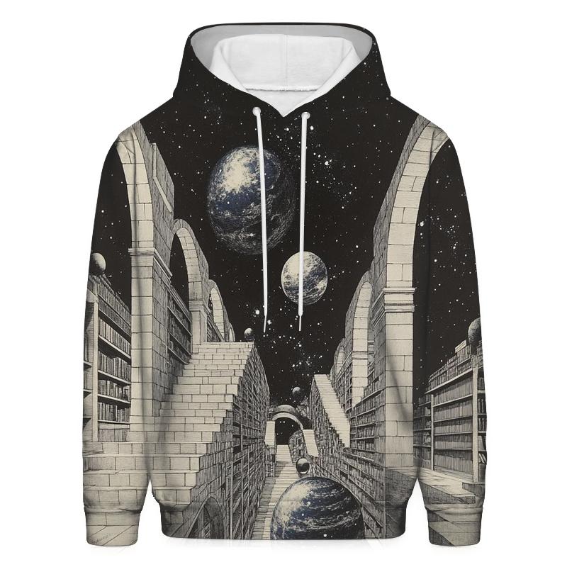 M C Escher Inspired Floating Library Of Planets graphic hoodies