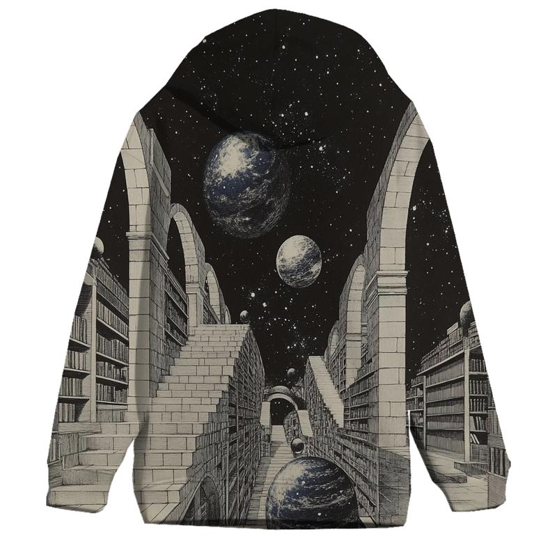 M C Escher Inspired Floating Library Of Planets graphic hoodies