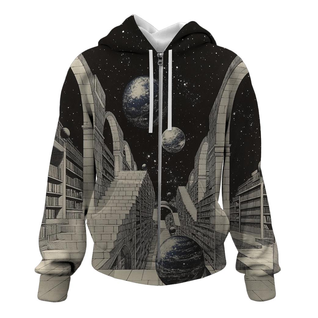 M C Escher Inspired Floating Library Of Planets heavyweight hoodies