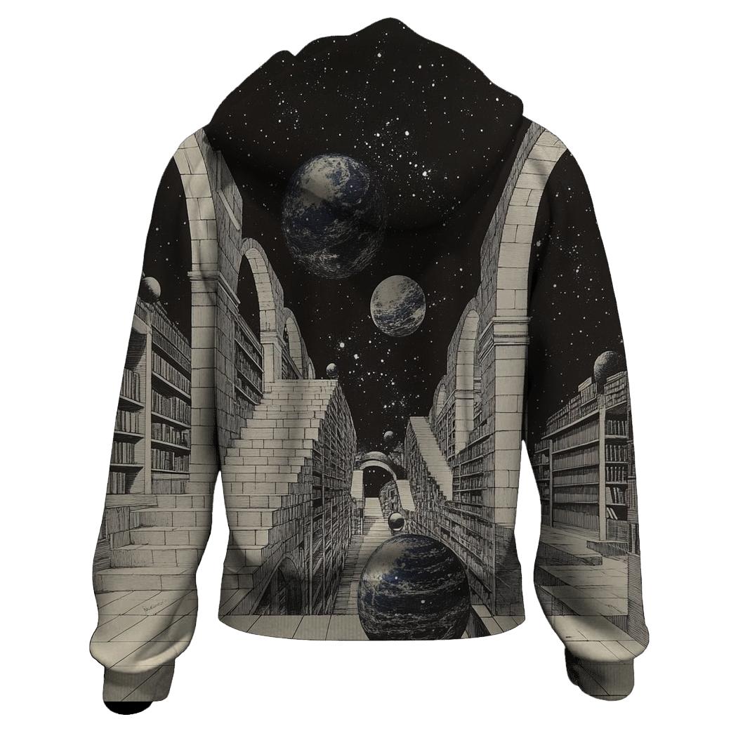 M C Escher Inspired Floating Library Of Planets heavyweight hoodies