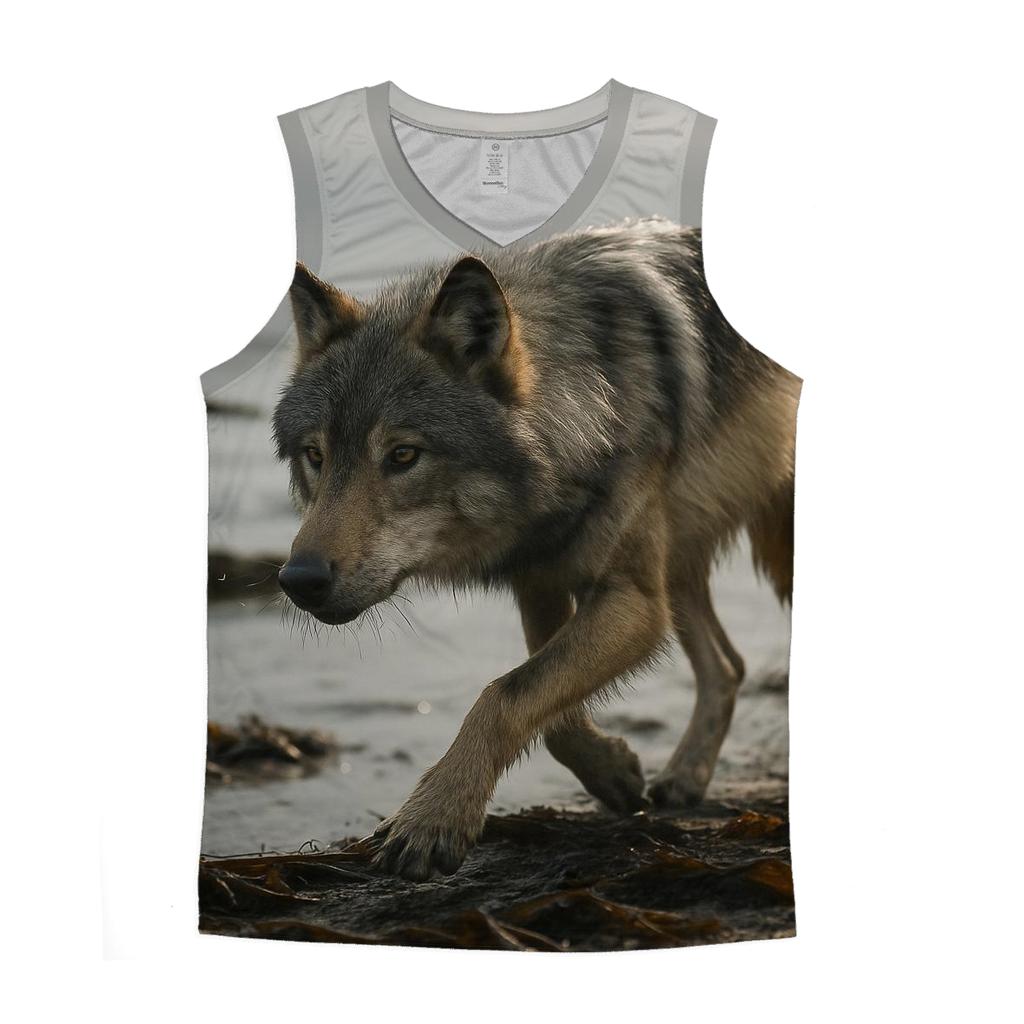 Sea Wolf Tracking Salmon Along Kelp Shore personalized athletic tanks