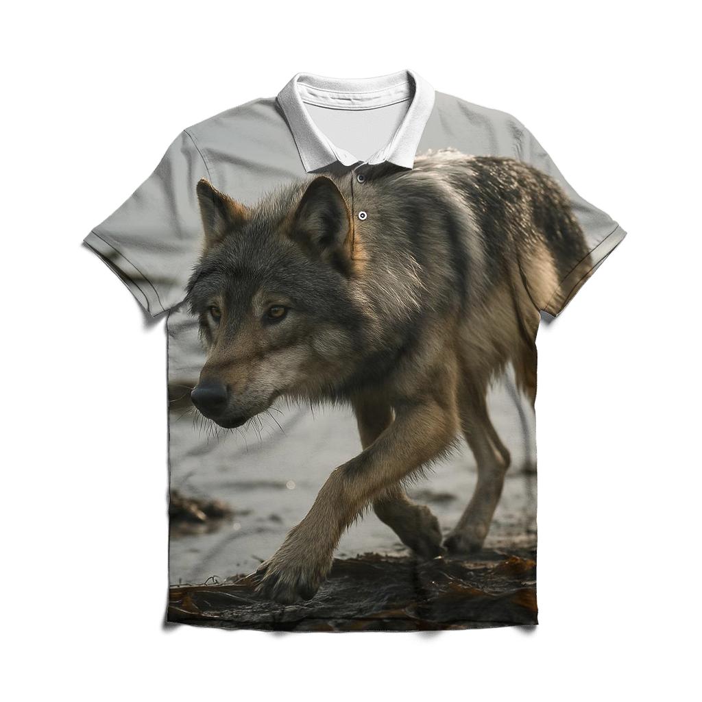 Sea Wolf Tracking Salmon Along Kelp Shore branded logo polo shirts