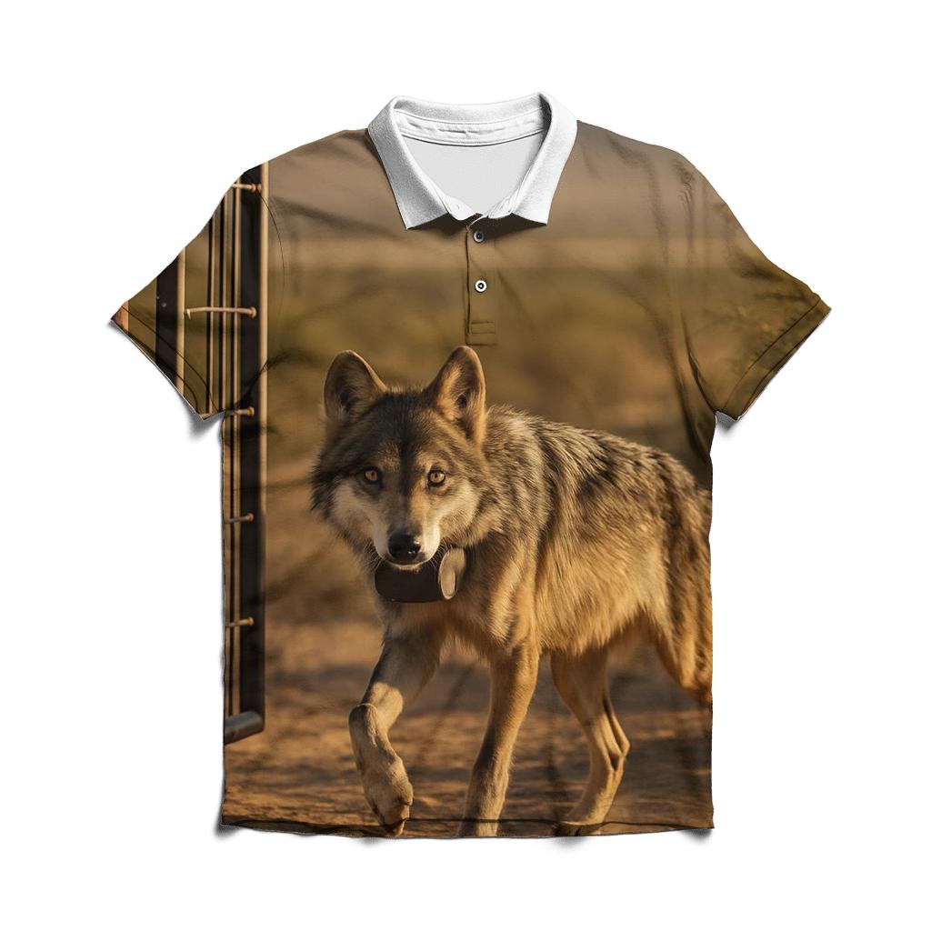 Mexican Gray Wolf At A Wildlife Corridor Fence Gap designer slim fit polos