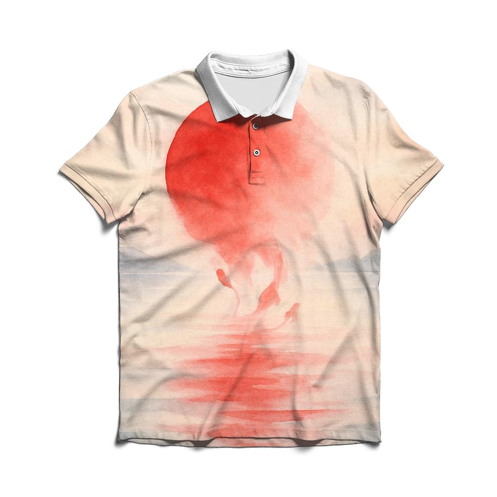 Rising Sun Over Watercolor Tides Japan embroidered polo tops