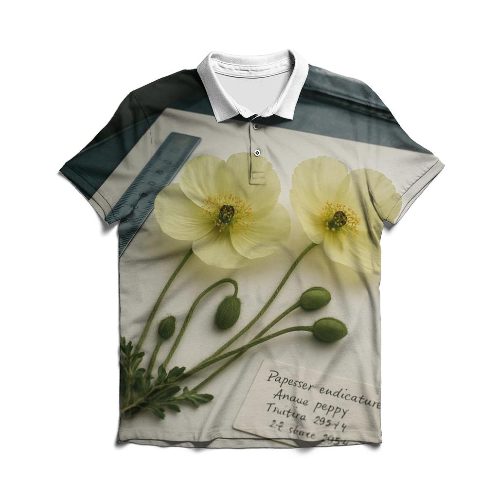 Arctic Poppy Specimen Sheet In A Field Herbarium Tent premium cotton polo shirts