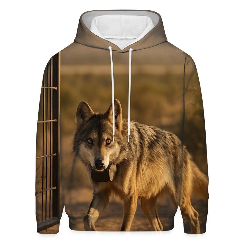 Mexican Gray Wolf At A Wildlife Corridor Fence Gap hoodies fashion
