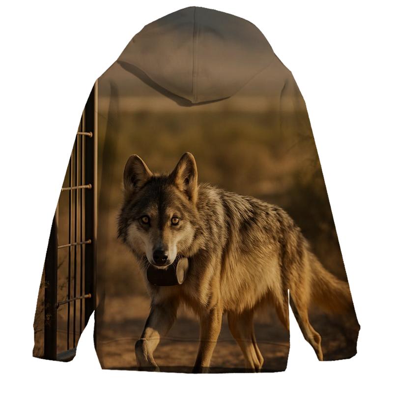 Mexican Gray Wolf At A Wildlife Corridor Fence Gap hoodies fashion