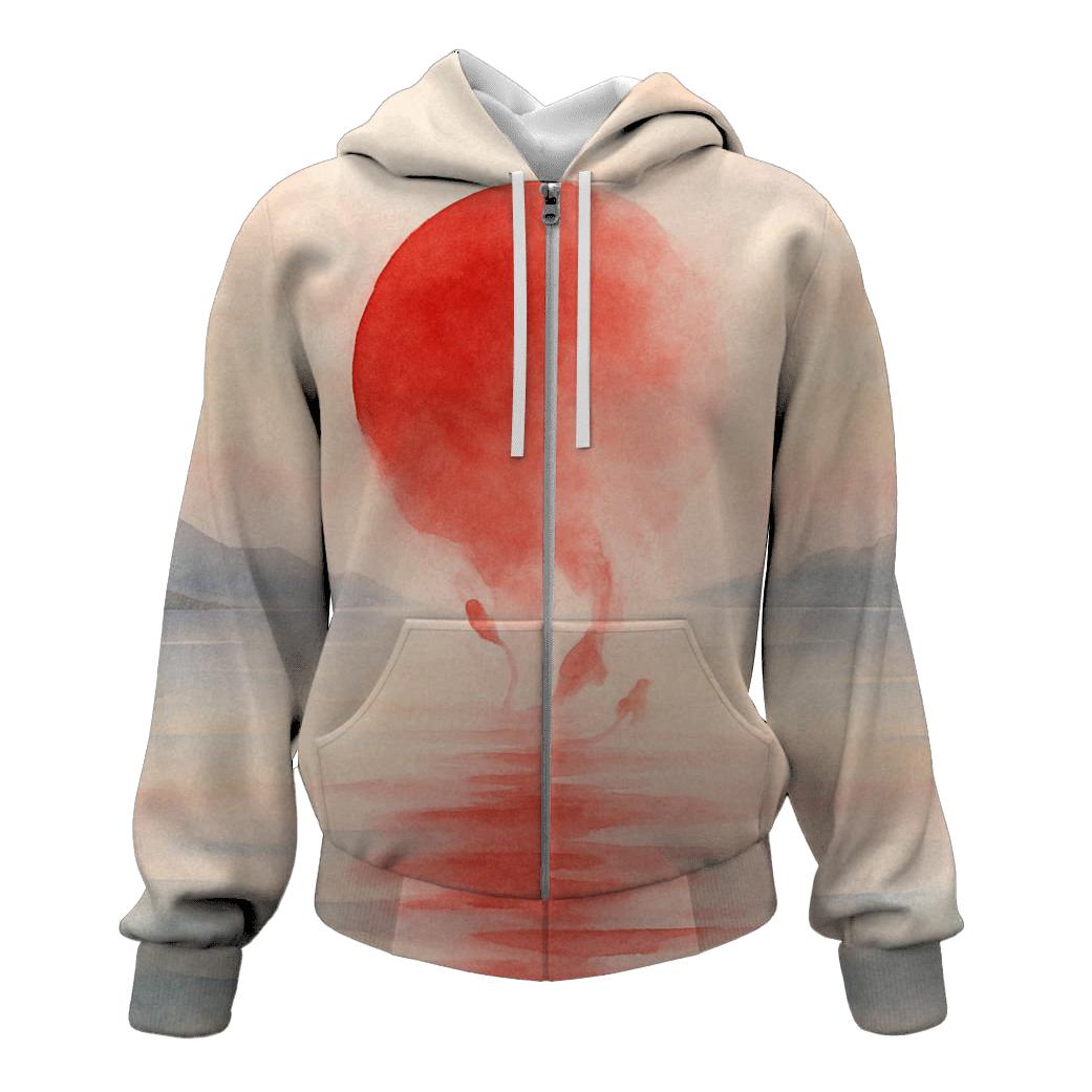 Rising Sun Over Watercolor Tides Japan heavyweight hoodies