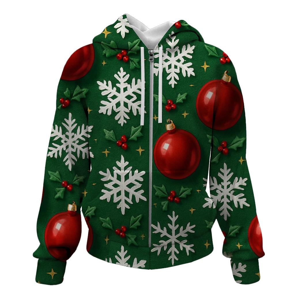 Crimson Ornament Snowflake Tessellation On Pine Green Background embroidered hoodies