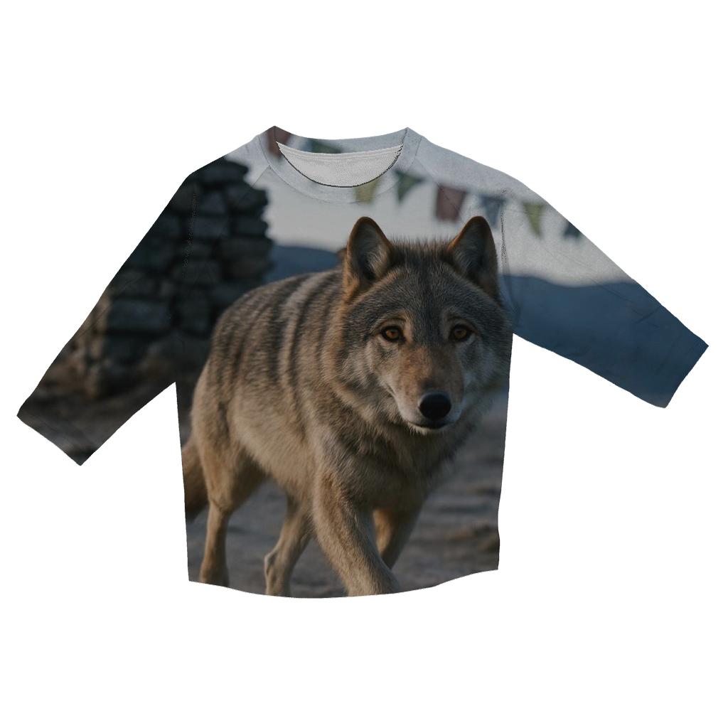 Tibetan Wolf Under Prayer Flags At Dawn printed three quarter sleeve shirts