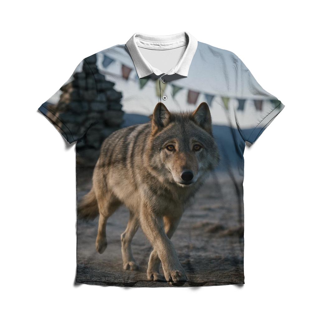 Tibetan Wolf Under Prayer Flags At Dawn custom polo shirts