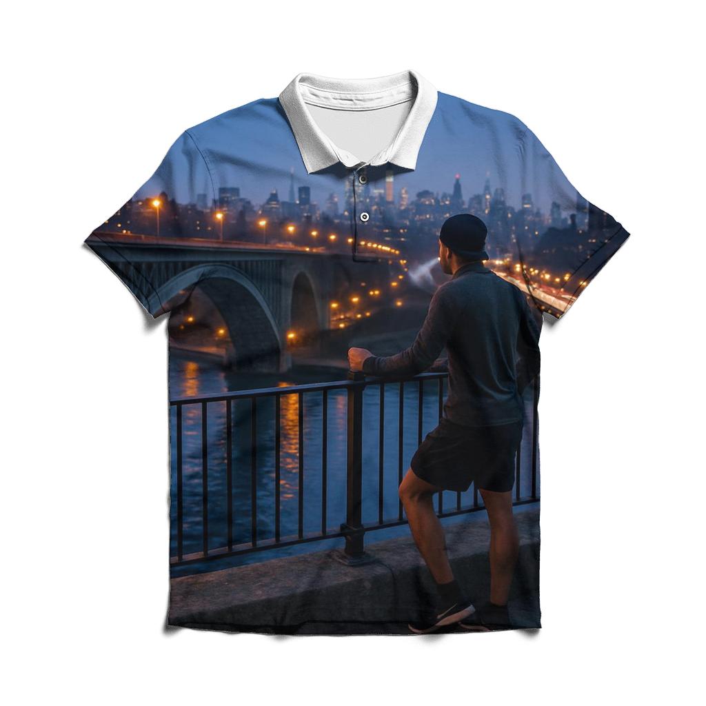 Harlem River Blue Hour From The High Bridge Walkway casual sports polo shirts