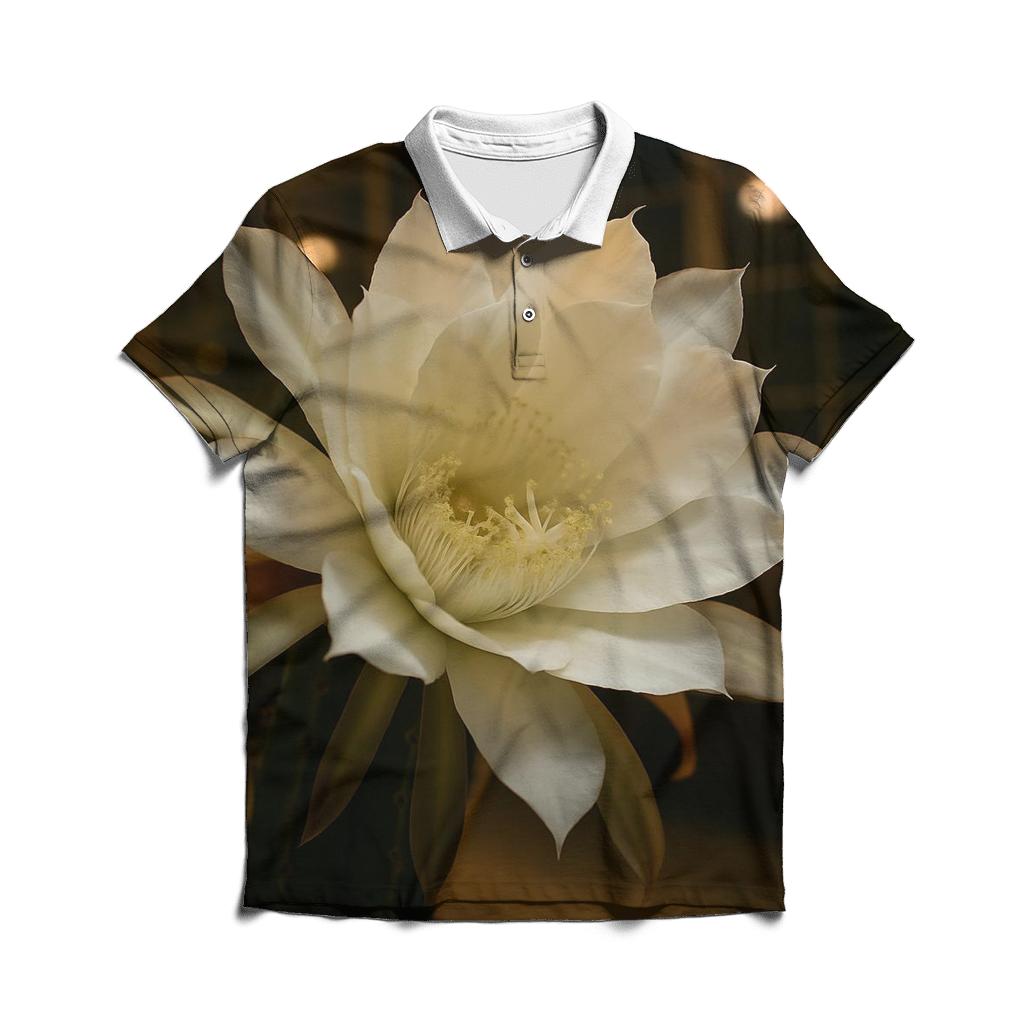 Night Blooming Cereus Opening In A Desert Greenhouse embroidered polo tops