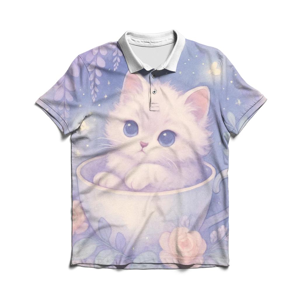 Moonlit Teacup Kitten Garden premium cotton polo shirts