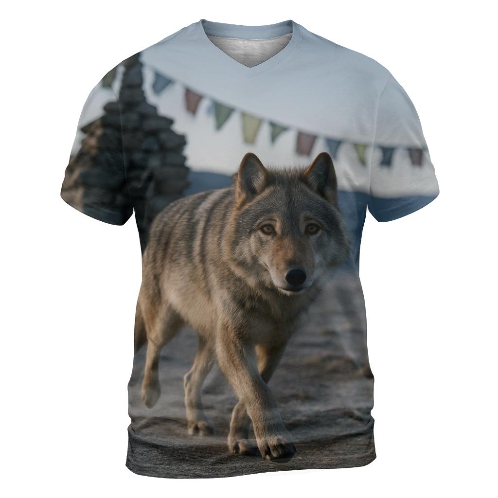 Tibetan Wolf Under Prayer Flags At Dawn custom all-over print shirts