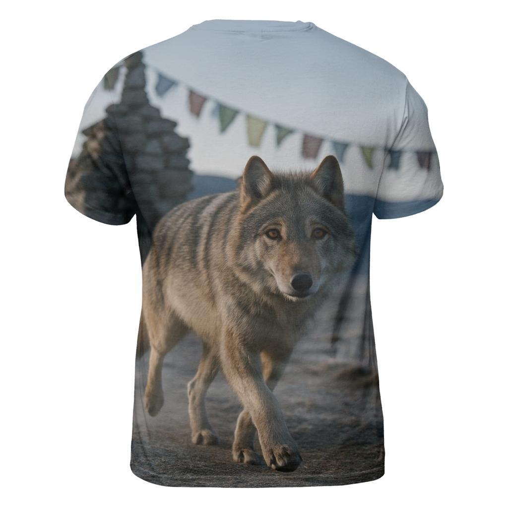 Tibetan Wolf Under Prayer Flags At Dawn custom all-over print shirts